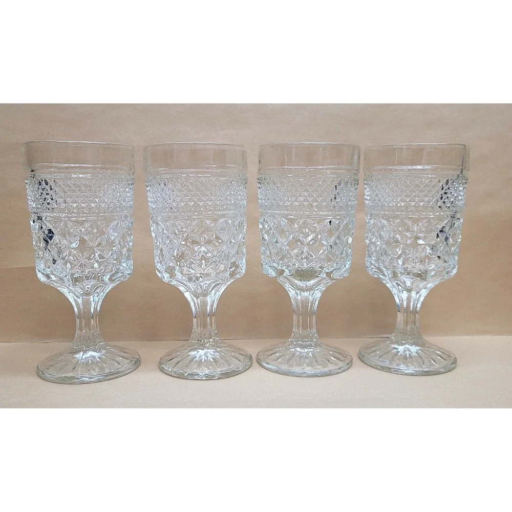 Set of 4 Anchor Hocking Wexford Clear Glass Water‎ Goblets Diamond 6-5/8